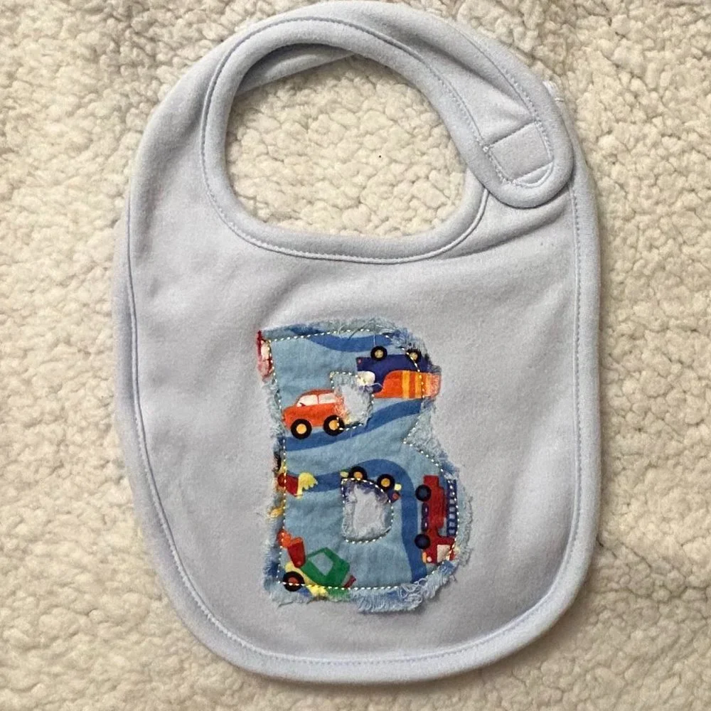 Newborn Bib, Letter B Ragged Edge Applique, Truck, Car Design